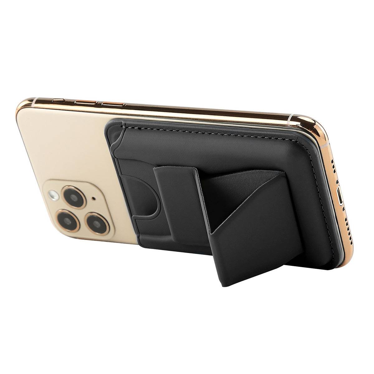 MRC047 Leather Phone Card Holder with Stand in landscape mode, offering a stable kickstand function for convenient horizontal phone viewing.