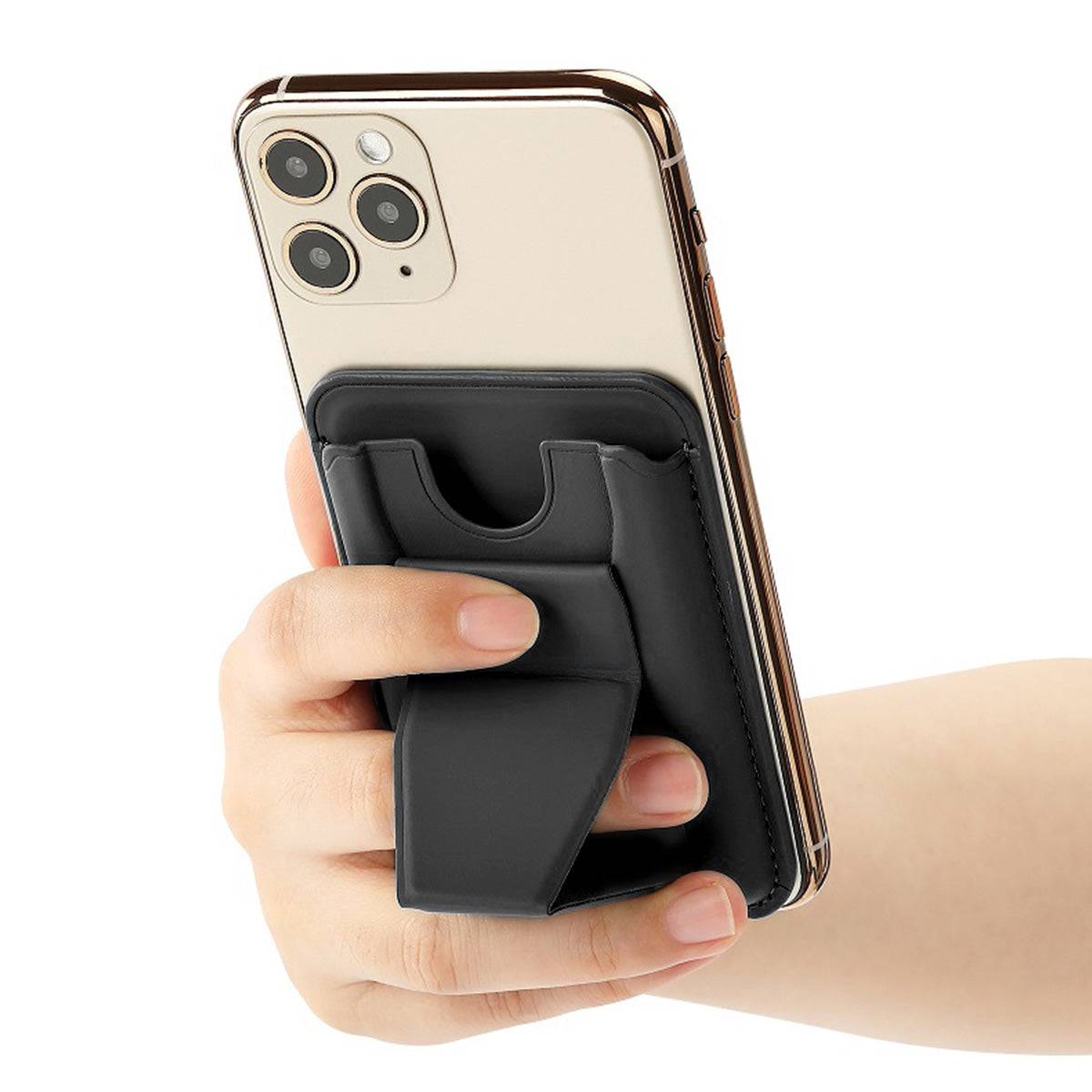 Hand holding a smartphone with the MRC047 Leather Phone Card Holder with Stand, demonstrating its ergonomic grip and secure card storage.