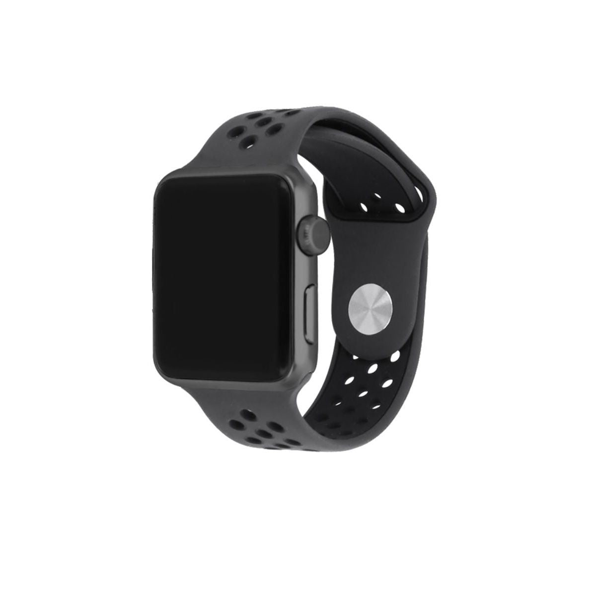 Black Nike Series Silicone Apple Watch Band with a sleek, perforated design, ideal for sports and casual wear, ensuring a comfortable fit.