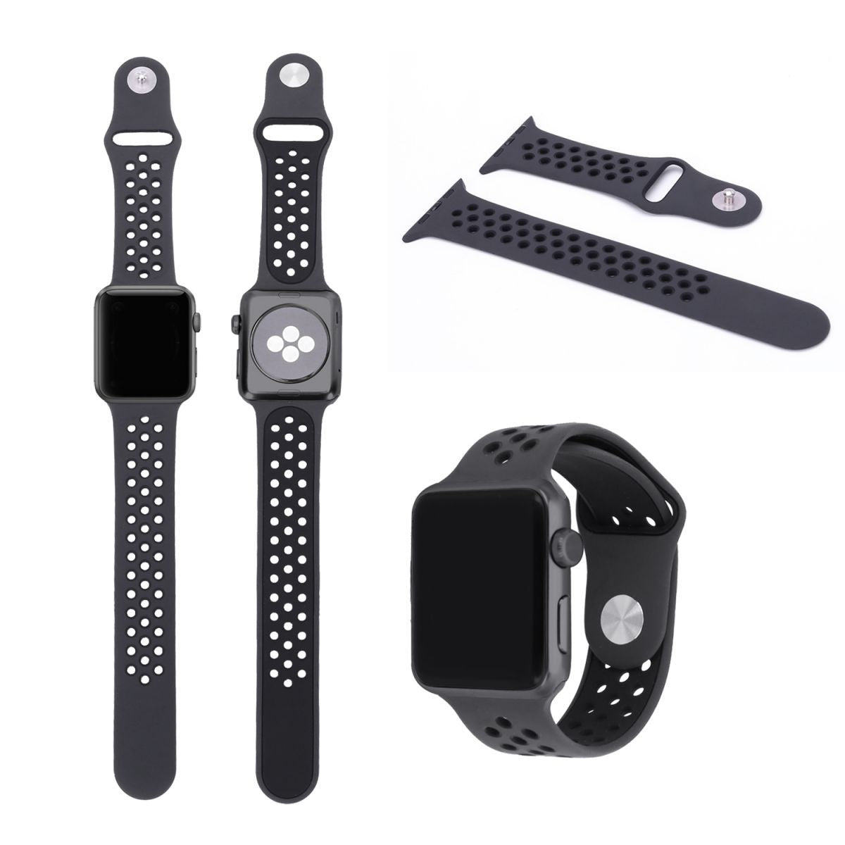 Set of black Nike Series Silicone Apple Watch Bands, including front and back views, showcasing its breathable and stylish design.