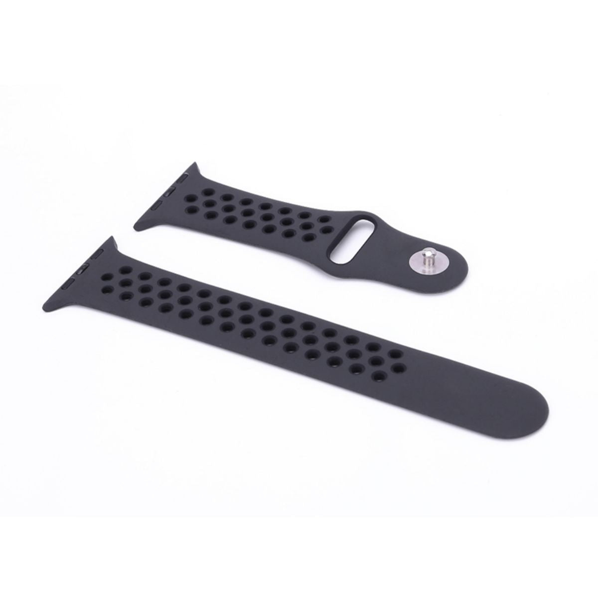 Close-up of the black Nike Series Silicone Apple Watch Band, showing its durable and flexible material with a sporty perforated design.