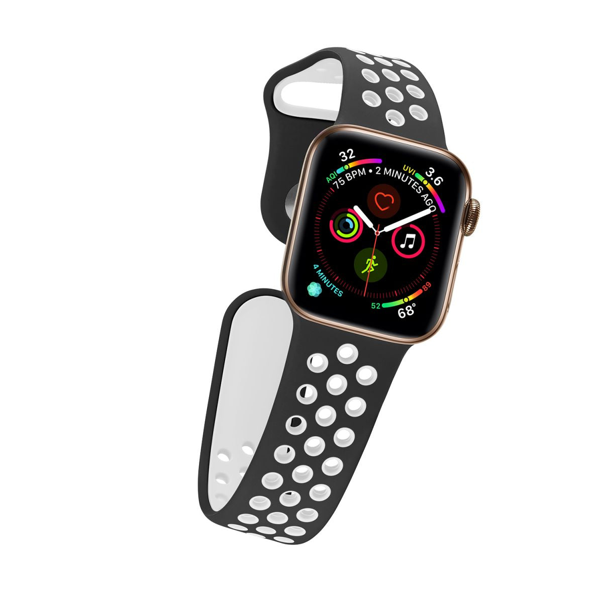 Angled view of the black and white Nike Series Silicone Apple Watch Band, emphasizing its sporty perforated design and secure fit.