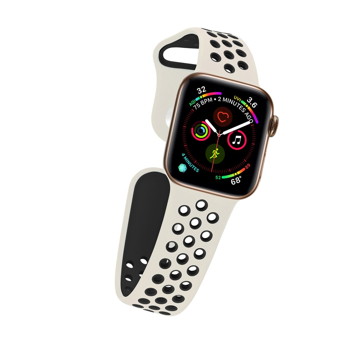 Angled shot of the white Nike Series Silicone Apple Watch Band, emphasizing its sporty perforated design and secure fit.