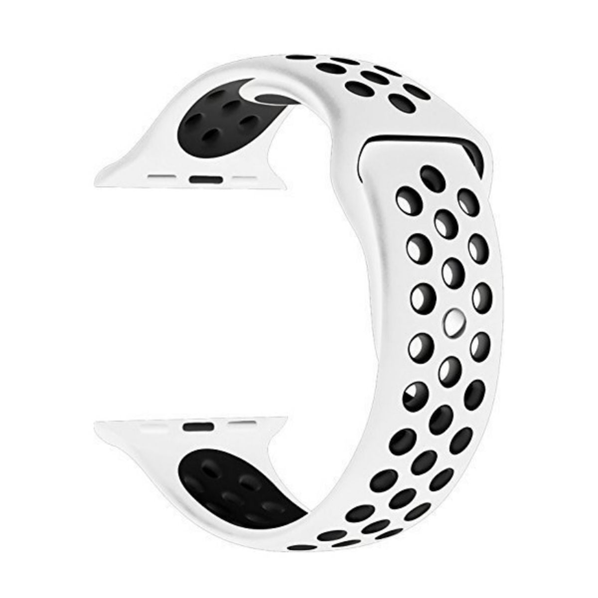 Angled view of the white Nike Series Silicone Apple Watch Band, highlighting its perforated structure and flexible, durable material.