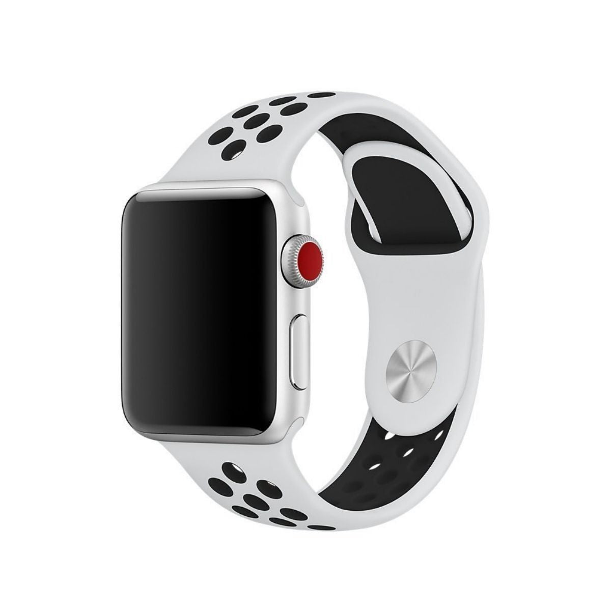 White Nike Series Silicone Apple Watch Band with black accents, designed for 38/40/41mm models, offering a breathable and stylish fit.