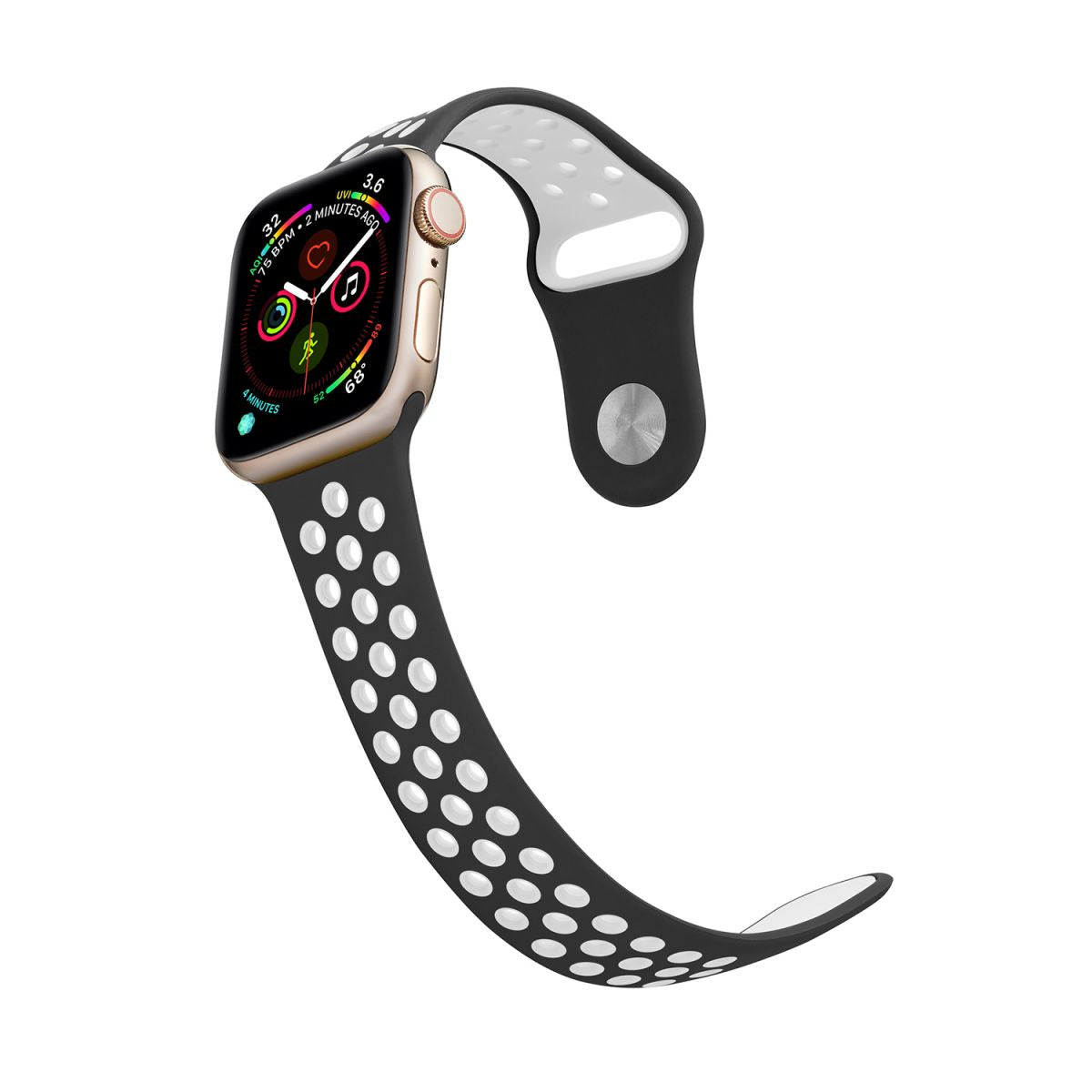 Side view of black and white Nike Series Silicone Apple Watch Band. Lightweight, breathable, and perfect for sports and casual wear.