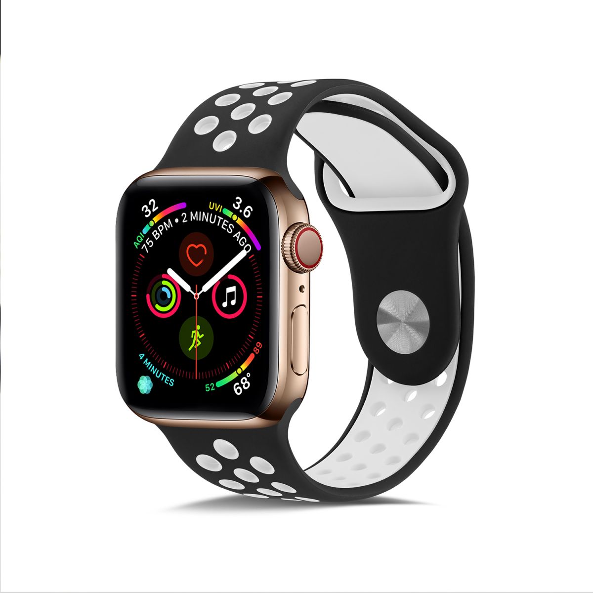 Black and white Nike Series Silicone Apple Watch Band attached to a gold Apple Watch. Sporty, breathable, and stylish for active users.