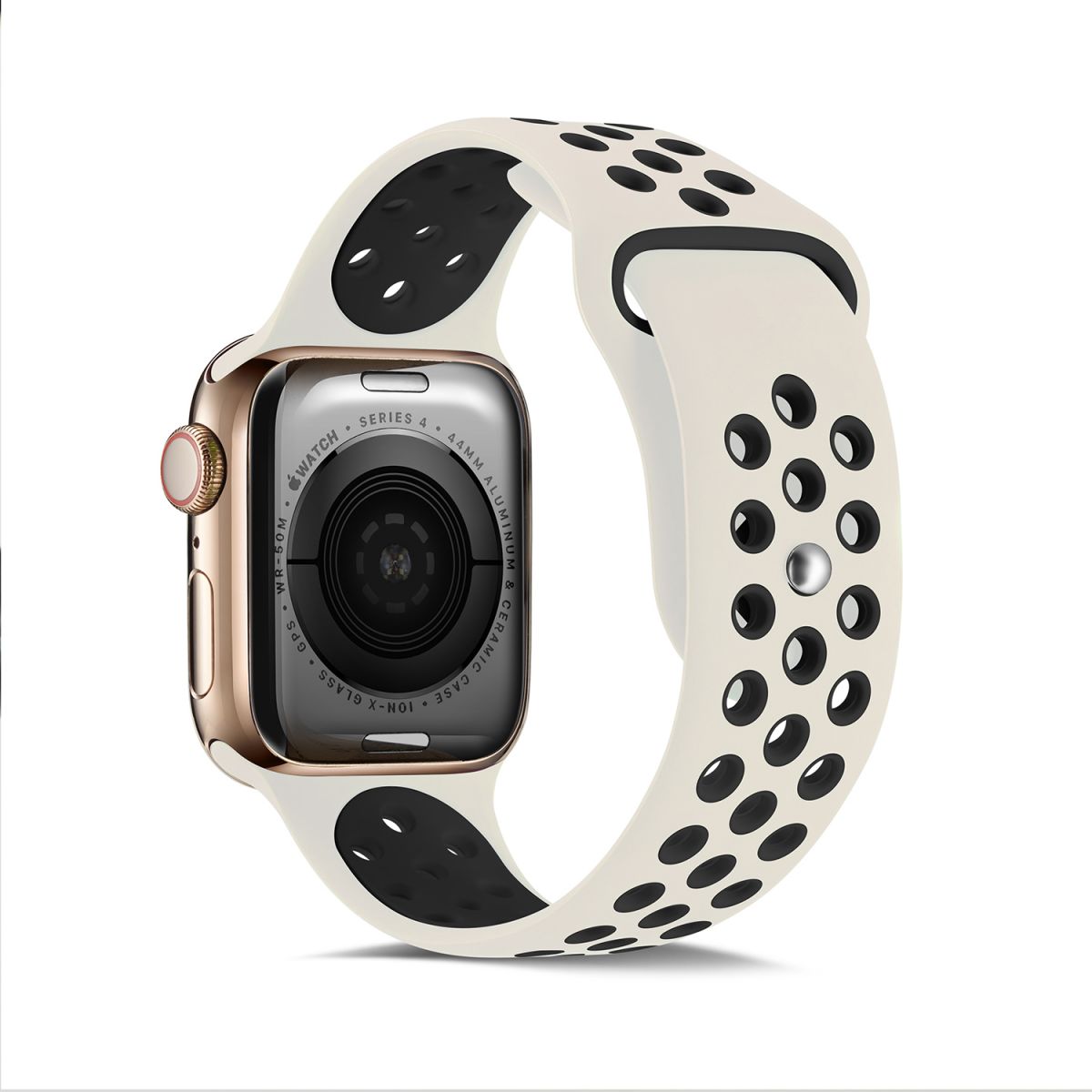 Rear view of white and black Nike Series Silicone Apple Watch Band on a gold Apple Watch. Secure fit, stylish design, and breathable material.