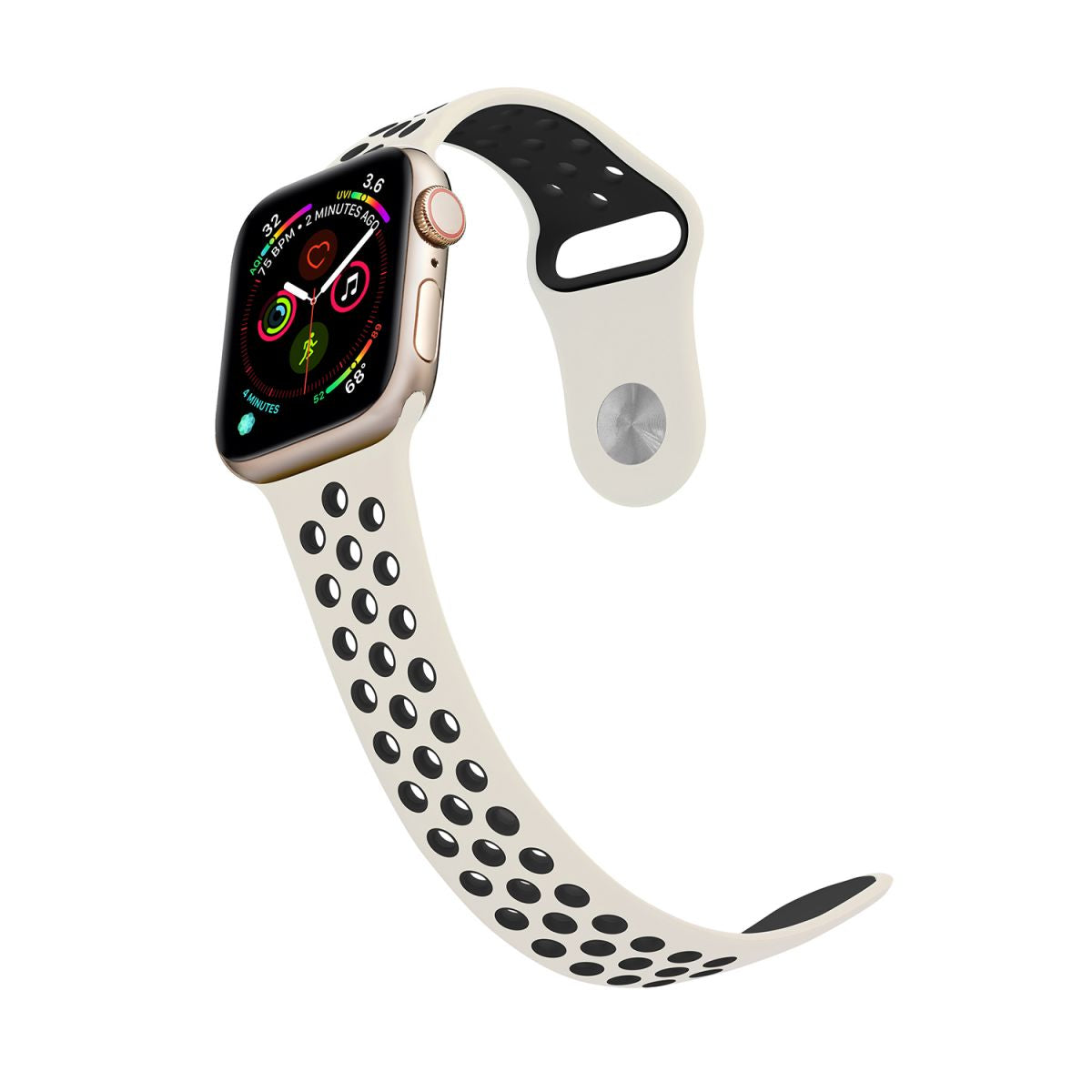 Side view of white and black Nike Series Silicone Apple Watch Band. Lightweight, flexible, and designed for all-day comfort and durability.