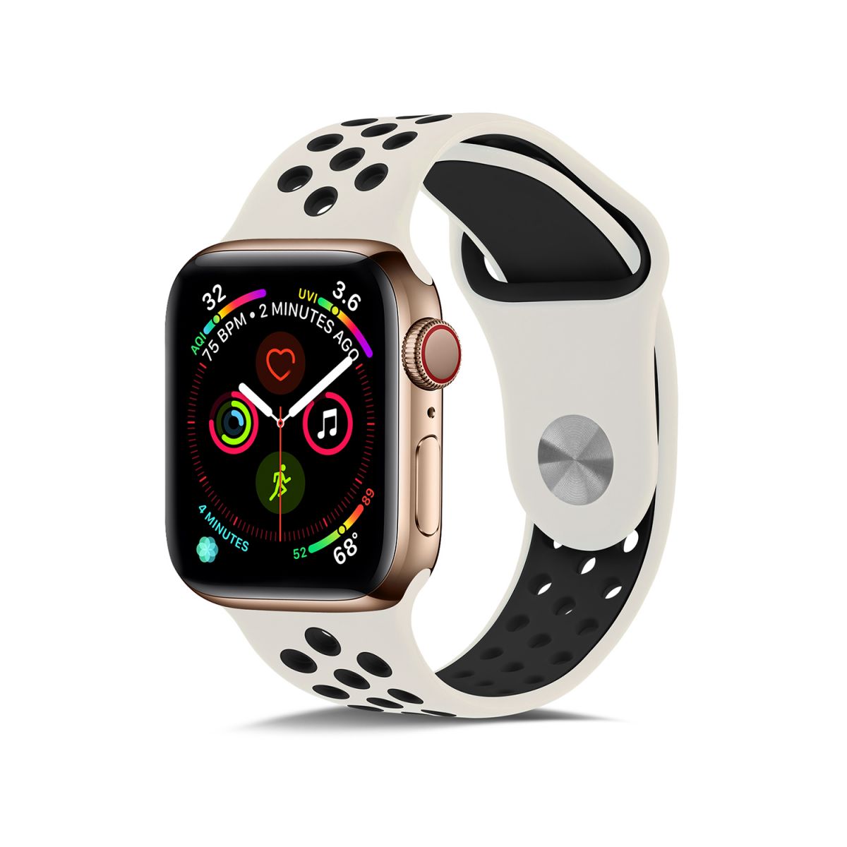 White and black Nike Series Silicone Apple Watch Band attached to a gold Apple Watch. Breathable, flexible, and perfect for 42/44/45mm models.