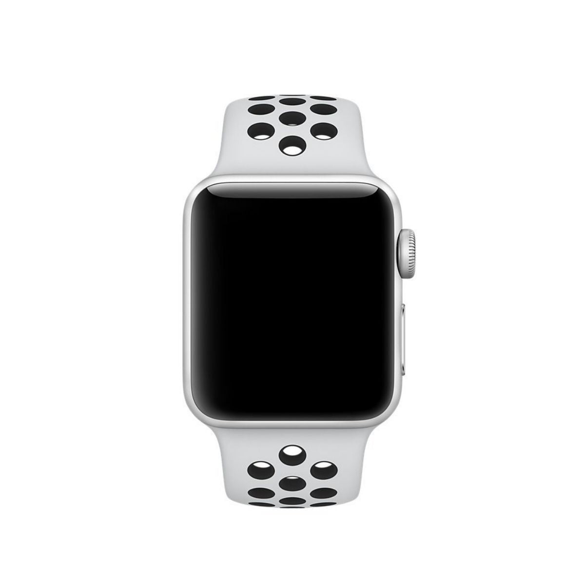 Front view of the white Nike Series Silicone Apple Watch Band attached to an Apple Watch. Sporty and breathable design for 42/44/45mm models.