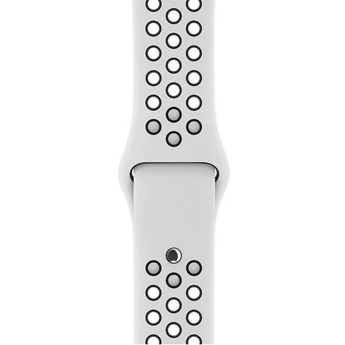 Top view of the Nike Series Silicone Apple Watch Band in white with black perforations. Sleek, modern, and designed for all-day comfort.