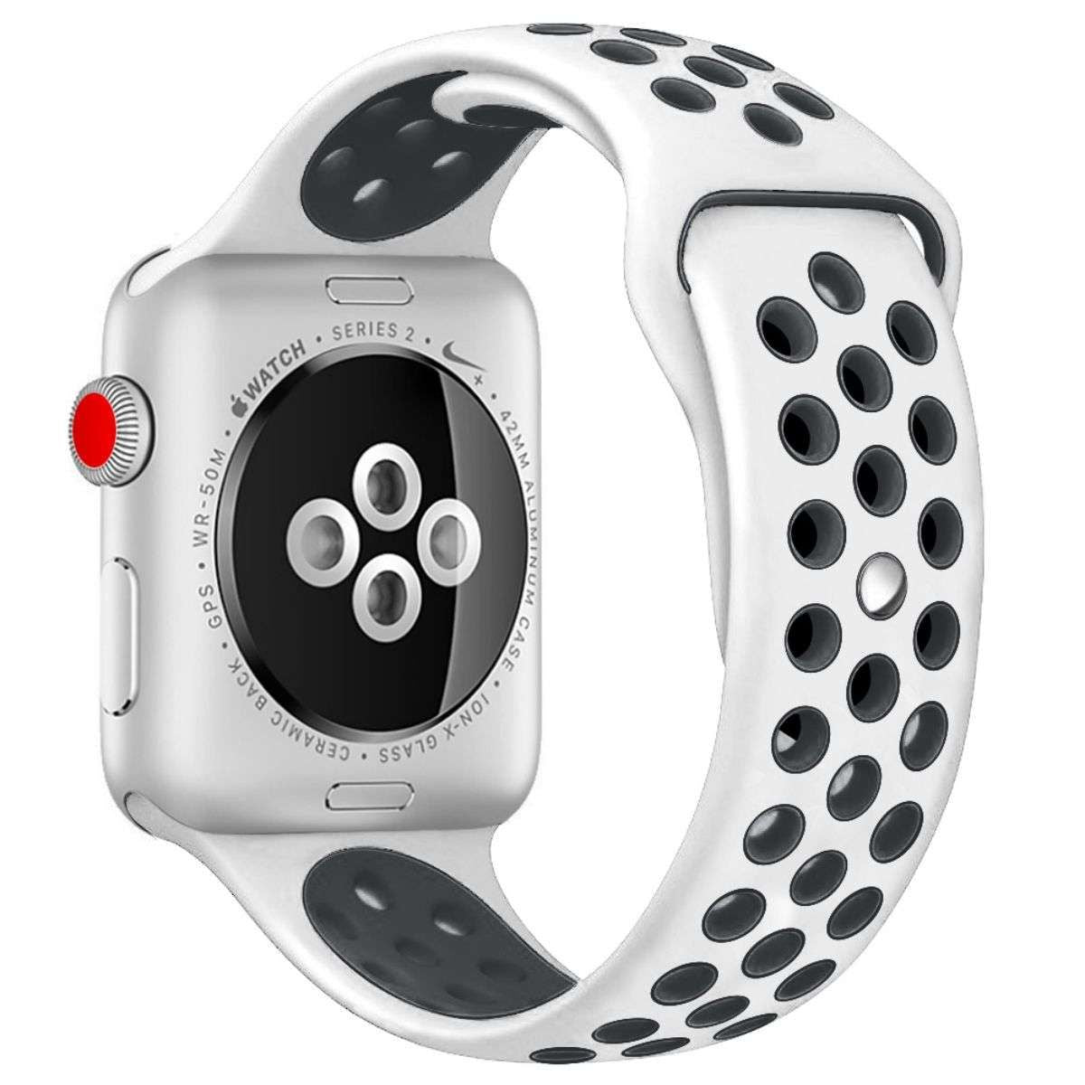 Rear view of the Nike Series Silicone Apple Watch Band in white with black perforations. Secure fit and stylish design for Apple Watch users.