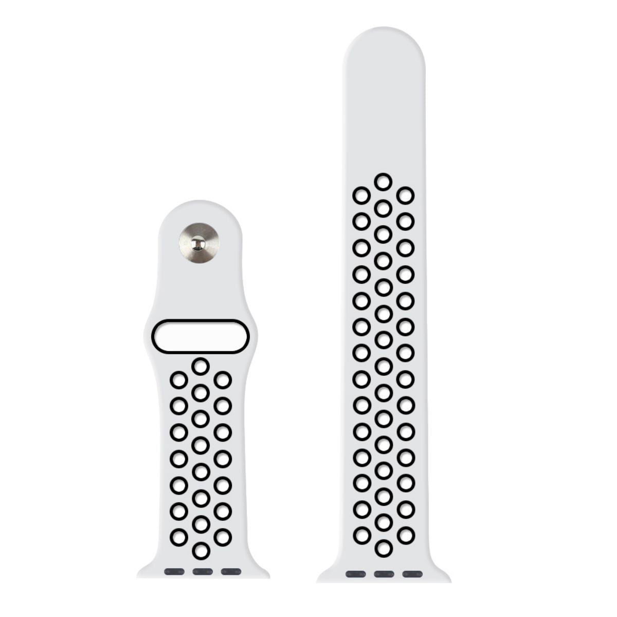 Two-piece Nike Series Silicone Apple Watch Band in white with black perforations. Easy to install, flexible, and perfect for sports enthusiasts.