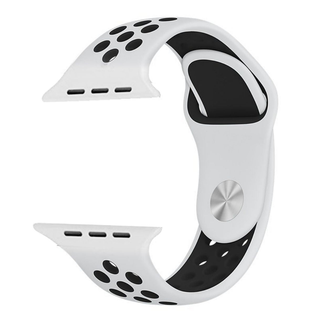 White Nike Series Silicone Apple Watch Band with black perforations. Designed for comfort, flexibility, and a secure fit for 42/44/45mm models.