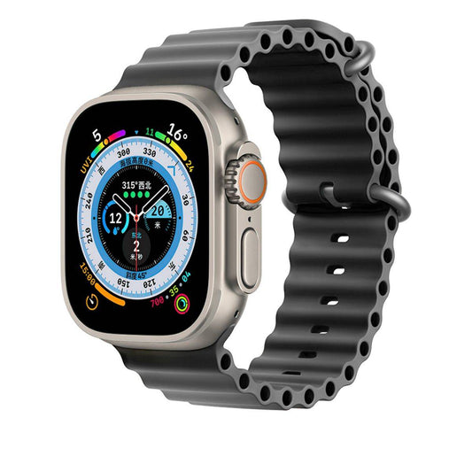 Black Ocean Series Silicone Apple Watch Band 38/40/41mm attached to an Apple Watch. Durable, waterproof, and stylish for everyday wear.