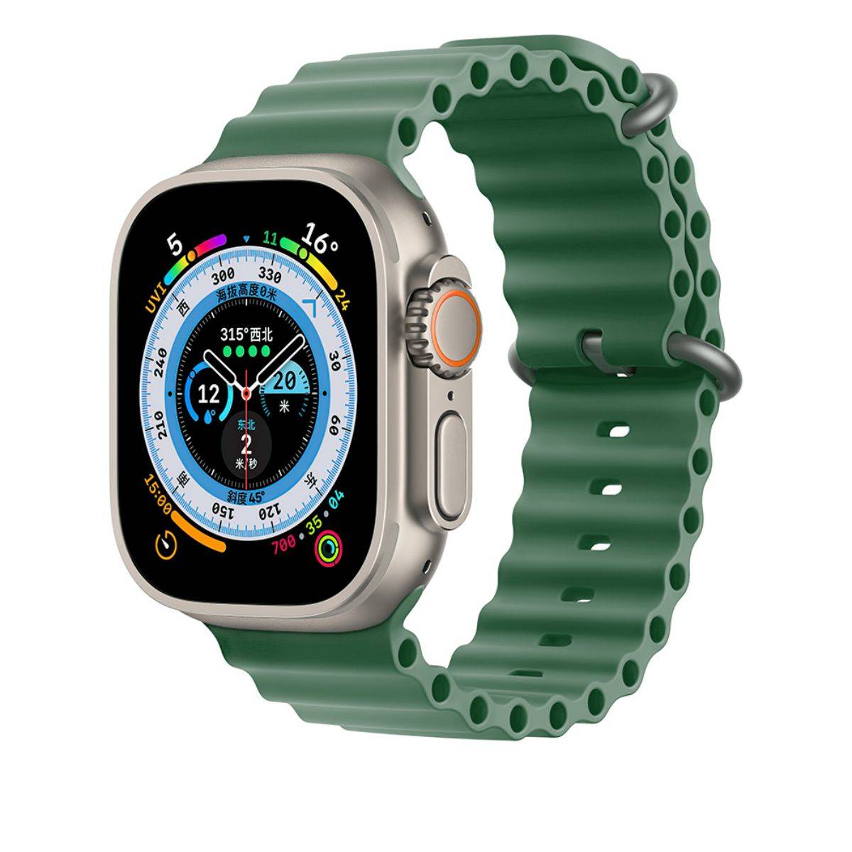 Dark green Ocean Series Silicone Apple Watch Band 38/40/41mm attached to an Apple Watch. Rugged, waterproof, and ideal for outdoor adventures.