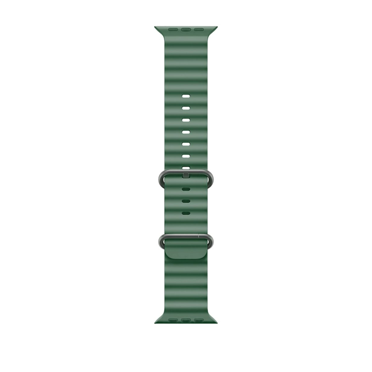 Dark green Ocean Series Silicone Apple Watch Band 38/40/41mm laid flat. Adjustable, durable, and designed for a secure and comfortable fit.
