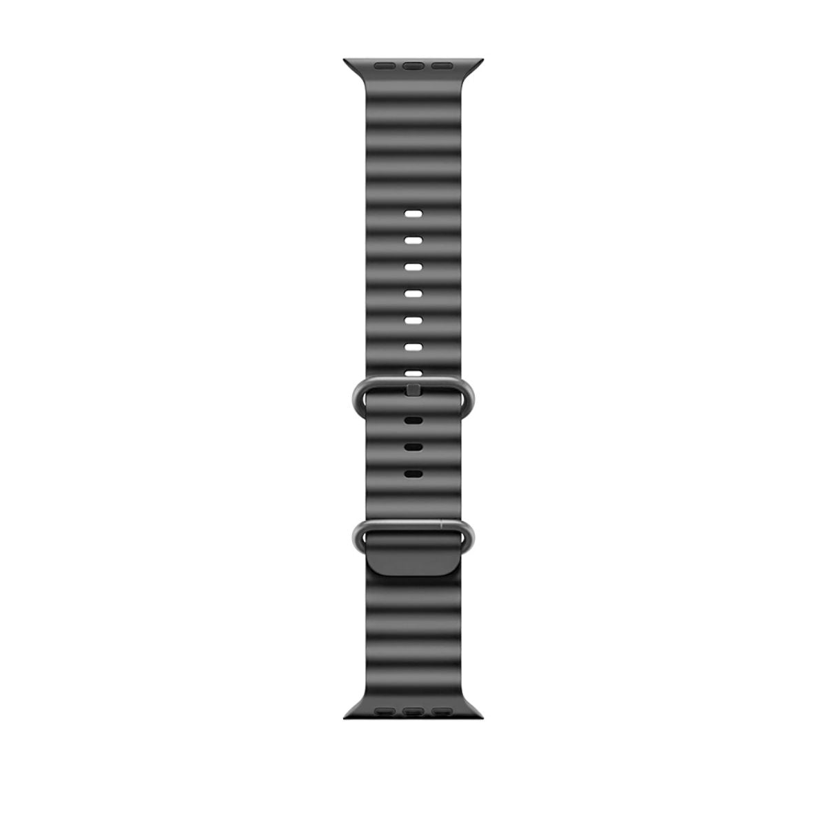 Black Ocean Series Silicone Apple Watch Band 42/44/45mm laid flat. Stylish and adjustable with metal loops for a snug and secure fit.