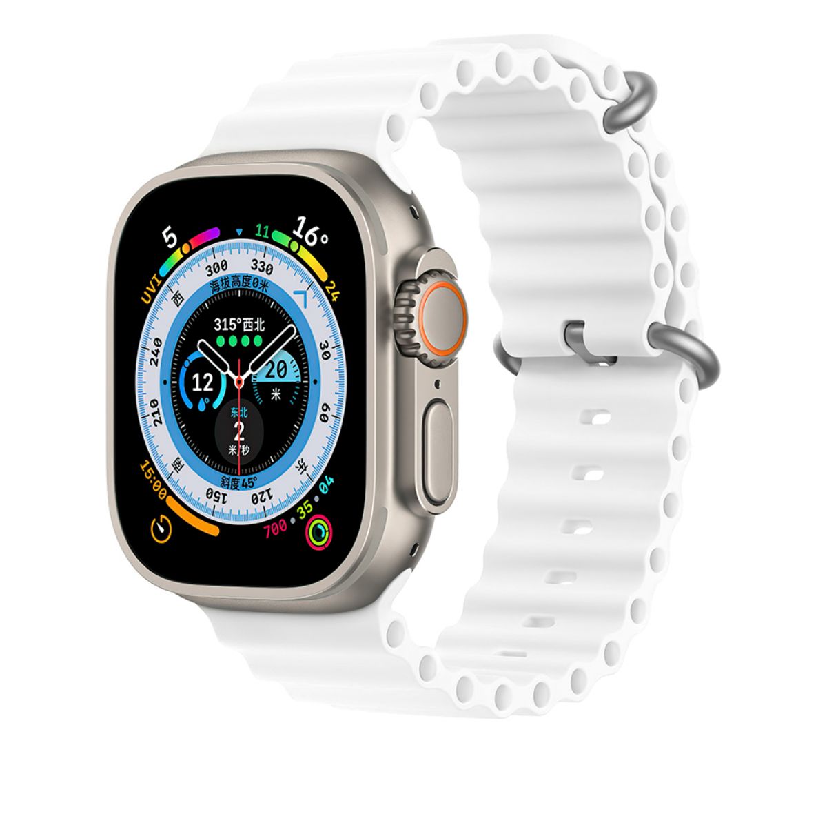 White Ocean Series Silicone Apple Watch Band 42/44/45mm attached to an Apple Watch. Durable, adjustable, and stylish for everyday wear.