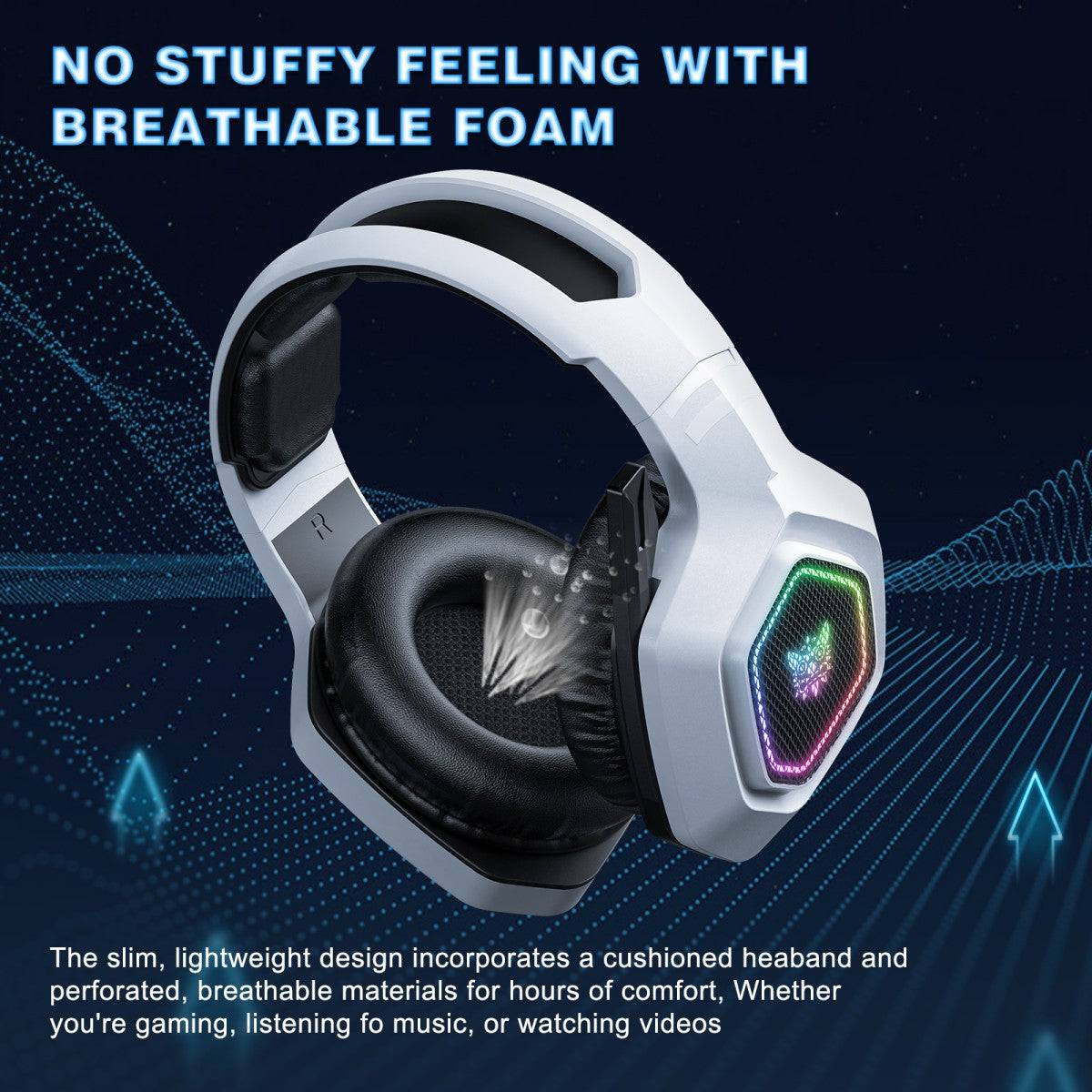 Lightweight ONIKUMA B100 gaming headset with breathable foam ear cushions for extended comfort during gaming sessions.