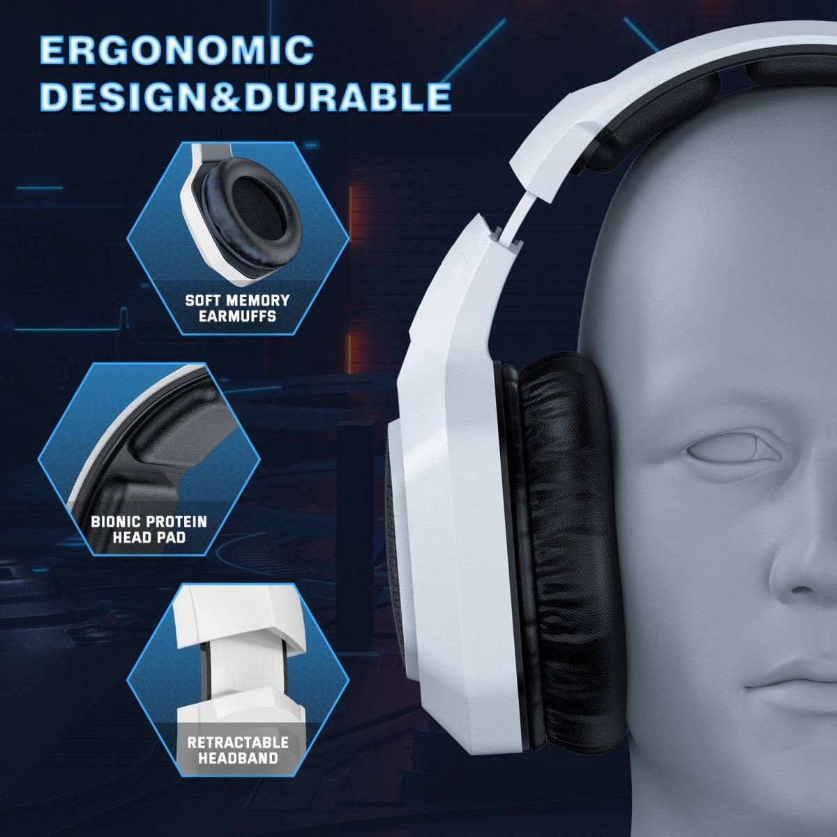 Ergonomic ONIKUMA B100 gaming headset with soft memory earmuffs, bionic protein head pad, and retractable headband for durability.