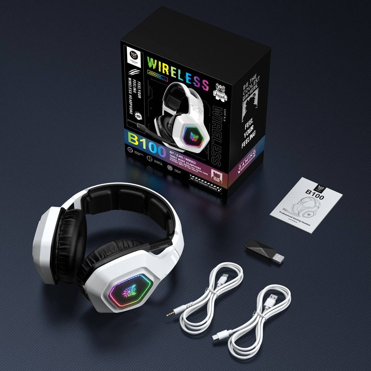 Complete ONIKUMA B100 gaming headset set with accessories, including USB dongle, Type-C charging cable, and 3.5mm audio cable.