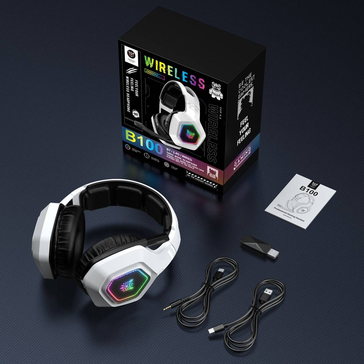 ONIKUMA B100 gaming headset package including headset, USB dongle, charging cable, audio cable, and user manual.