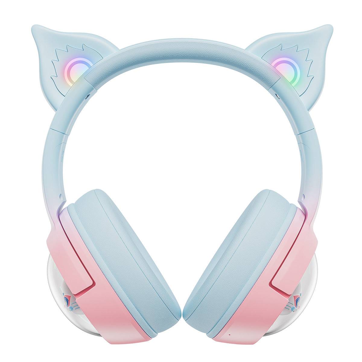 Front view of ONIKUMA B5 Tri-mode RGB Cat Ear Headphones, featuring a sleek pastel design with illuminated cat ears and immersive sound quality.