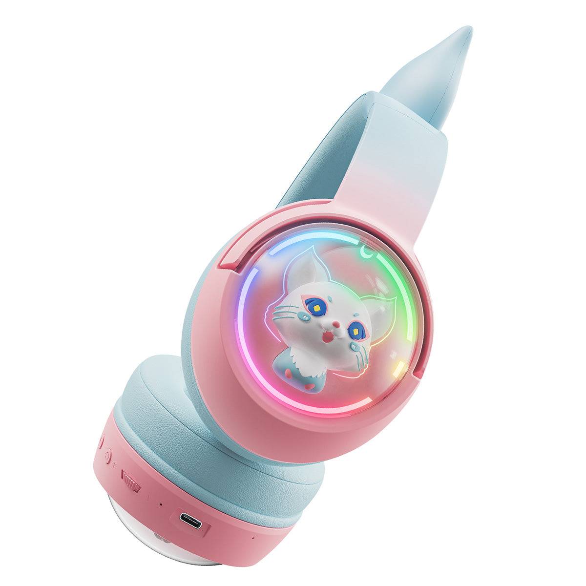 Close-up of ONIKUMA B5 Tri-mode RGB Cat Ear Headphones' ear cup, highlighting the adorable pet capsule design with colorful LED lighting.