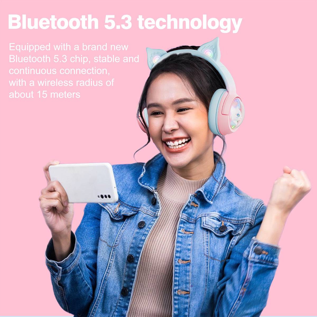 Young woman enjoying music with ONIKUMA B5 Tri-mode RGB Cat Ear Headphones, highlighting Bluetooth 5.3 technology for stable wireless connectivity.