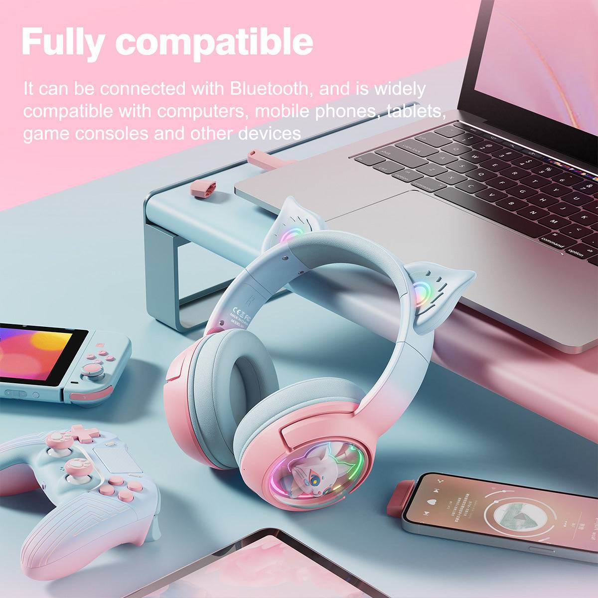 ONIKUMA B5 Tri-mode RGB Cat Ear Headphones displayed with gaming accessories, showcasing full compatibility with Bluetooth-enabled devices.