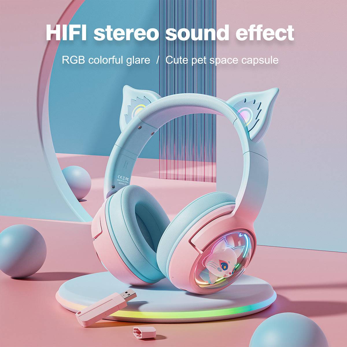 ONIKUMA B5 Tri-mode RGB Cat Ear Headphones on a stylish stand, emphasizing HiFi stereo sound effect and vibrant RGB lighting.