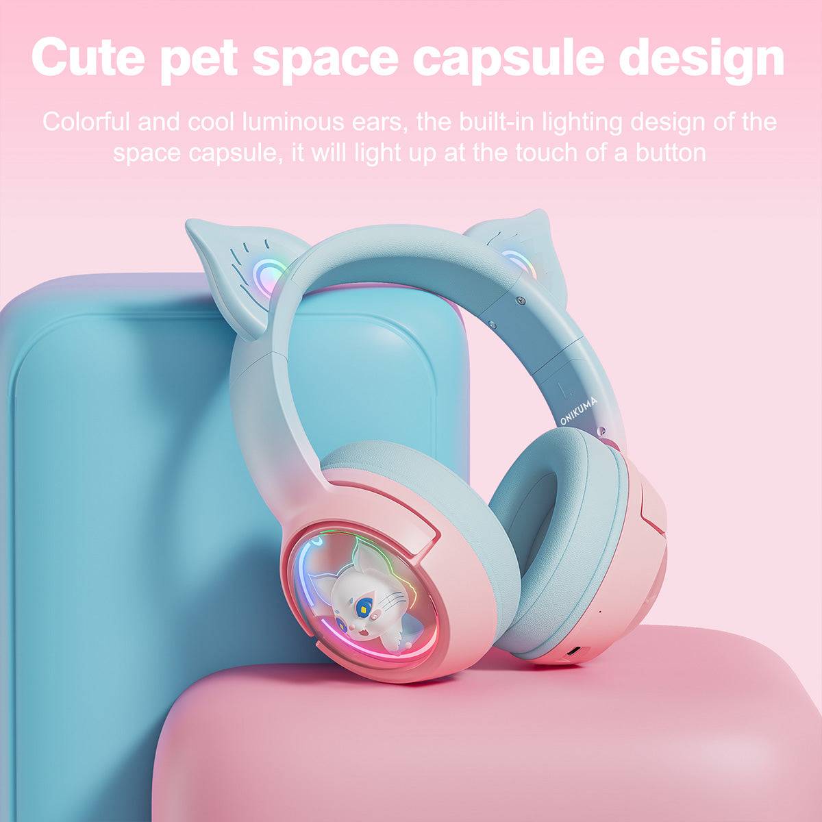 Close-up of ONIKUMA B5 Tri-mode RGB Cat Ear Headphones, featuring a cute pet space capsule design with colorful luminous ears.
