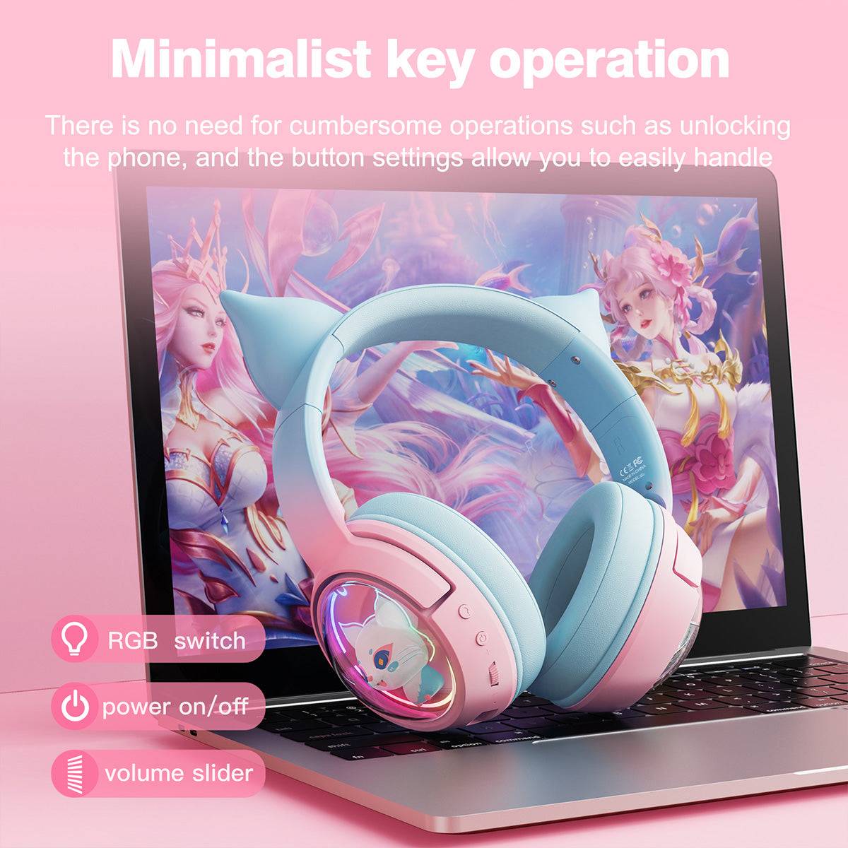 ONIKUMA B5 Tri-mode RGB Cat Ear Headphones placed on a laptop, highlighting minimalist key operation with RGB switch, power button, and volume slider.
