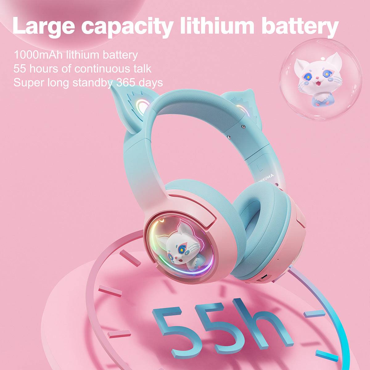 ONIKUMA B5 Tri-mode RGB Cat Ear Headphones with a 1000mAh battery, offering 55 hours of continuous use and 365 days of standby time.