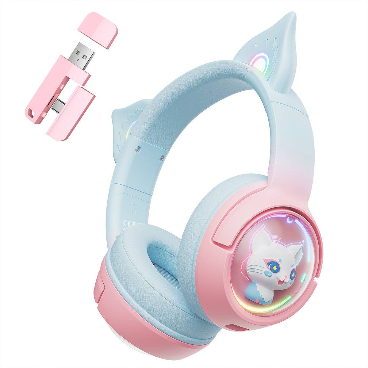 ONIKUMA B5 Tri-mode RGB Cat Ear Headphones with detachable USB dongle, featuring a pastel pink and blue design with illuminated cat ears and pet capsule.