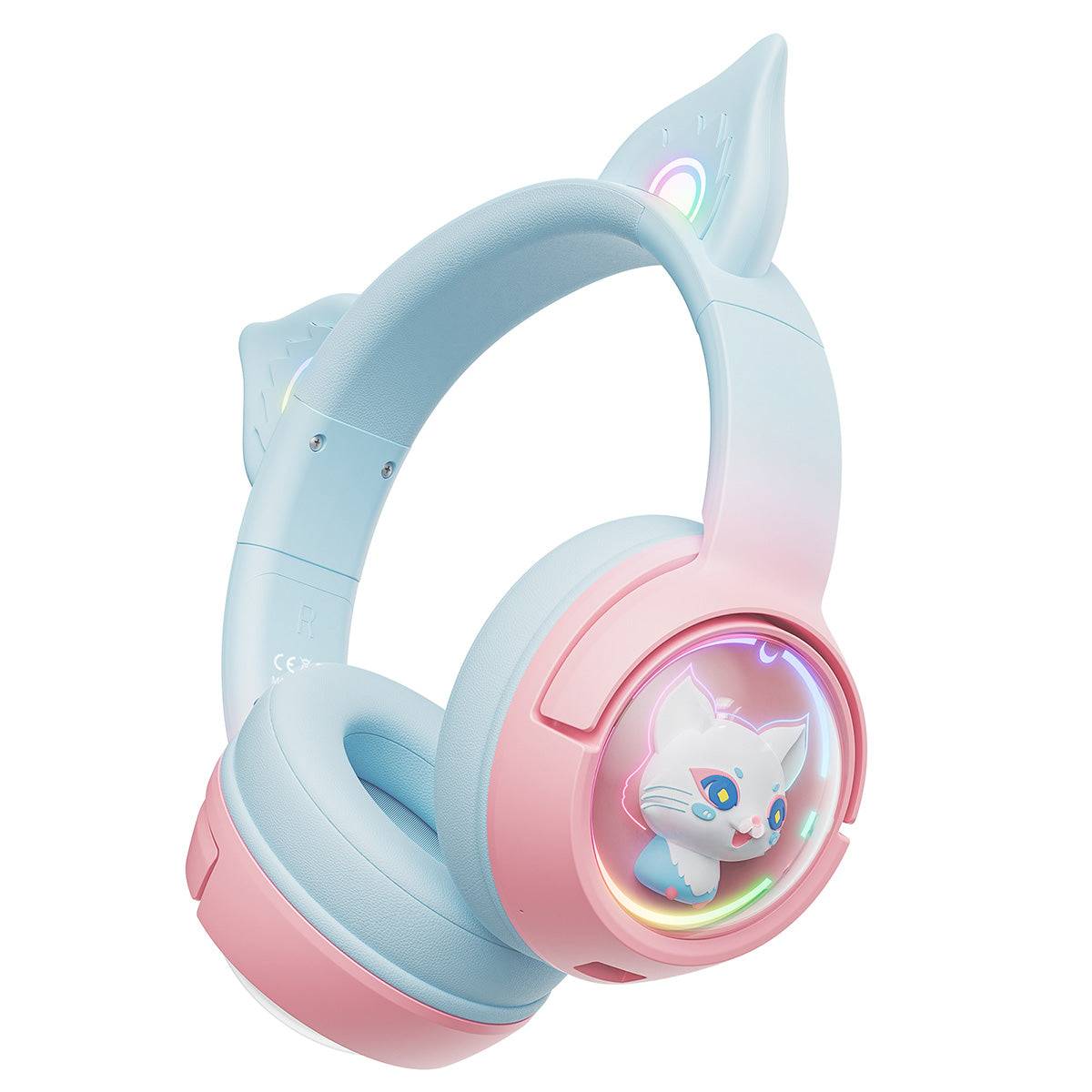 Side view of ONIKUMA B5 Tri-mode RGB Cat Ear Headphones, showcasing pastel pink and blue design with glowing cat ears and pet capsule.