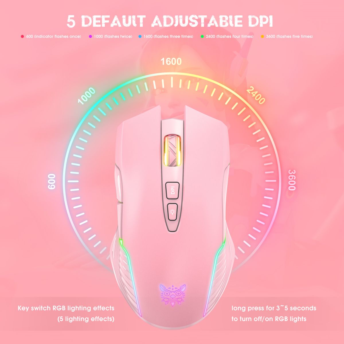 ONIKUMA CW905 Wireless Gaming Mouse Pink- Hugmie