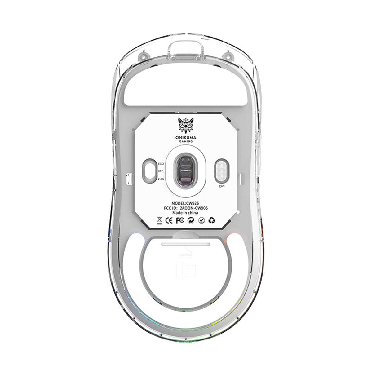 Bottom view of the ONIKUMA CW926 Gaming Mouse, highlighting the sensor, ergonomic design, and wireless connectivity options.