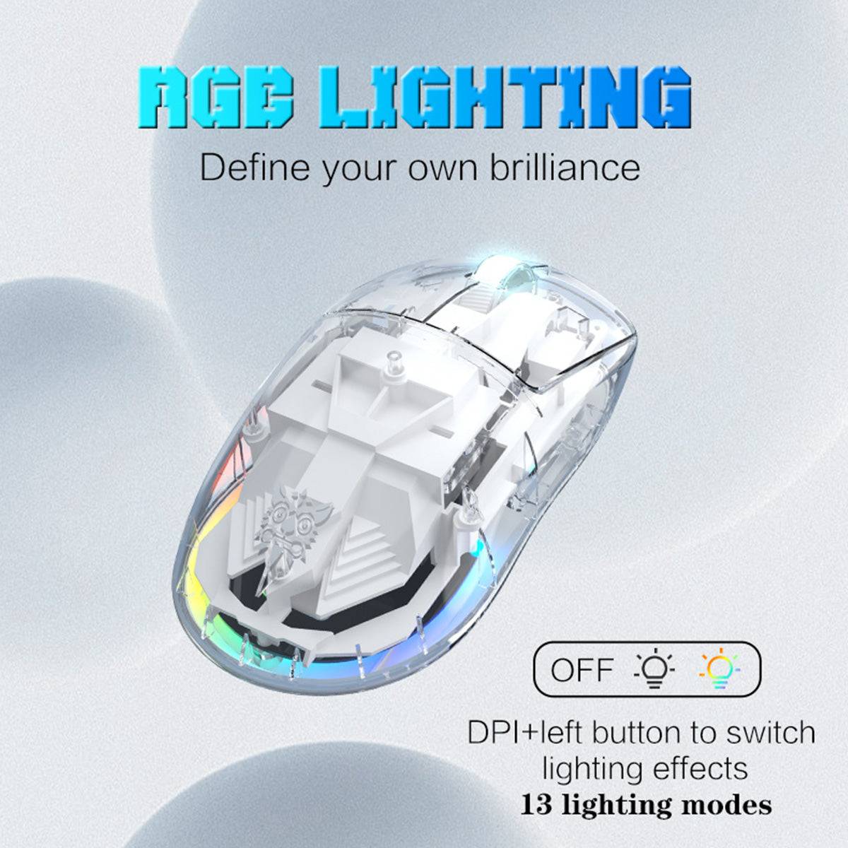 ONIKUMA CW926 Gaming Mouse with customizable RGB lighting, offering 13 lighting modes and a sleek transparent design for a futuristic look.