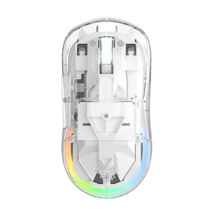 ONIKUMA CW926 Dual Mode Gaming Mouse with a transparent shell, showcasing internal components and customizable RGB lighting.