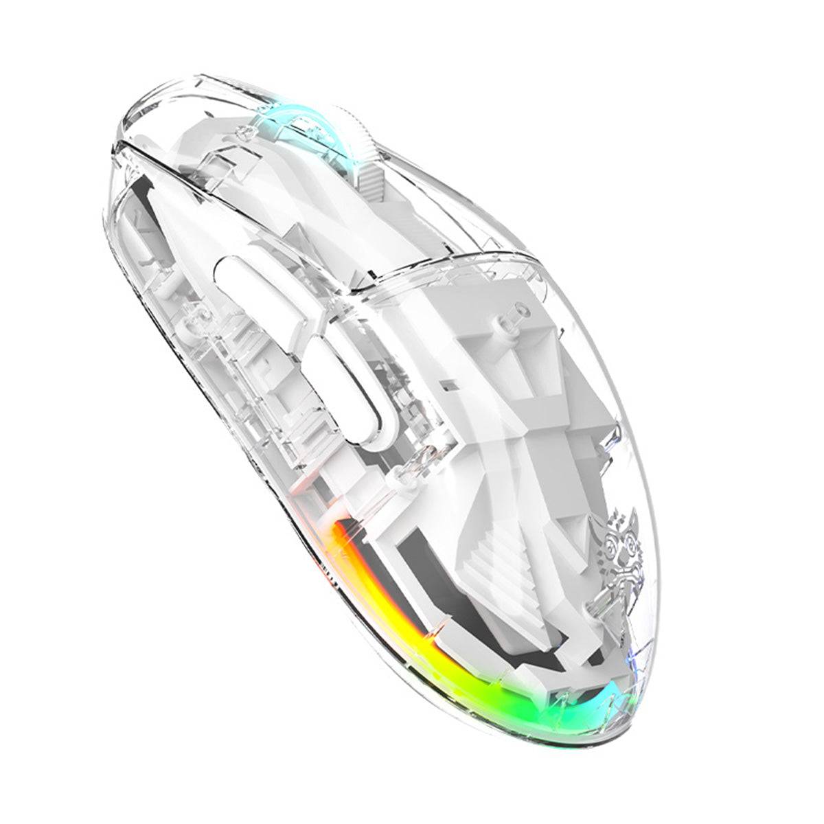 Side view of the ONIKUMA CW926 Gaming Mouse, showcasing its transparent shell, ergonomic design, and customizable RGB lighting.