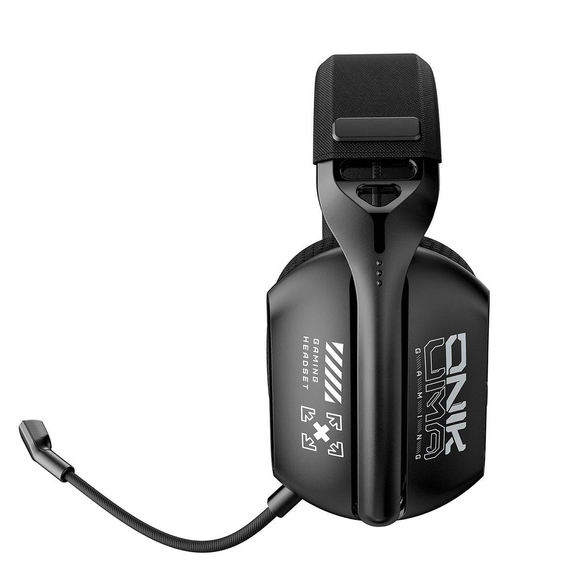 ONIKUMA GT808 Gaming Headset side view showcasing its ergonomic design, RGB lighting, and flexible microphone for clear communication.