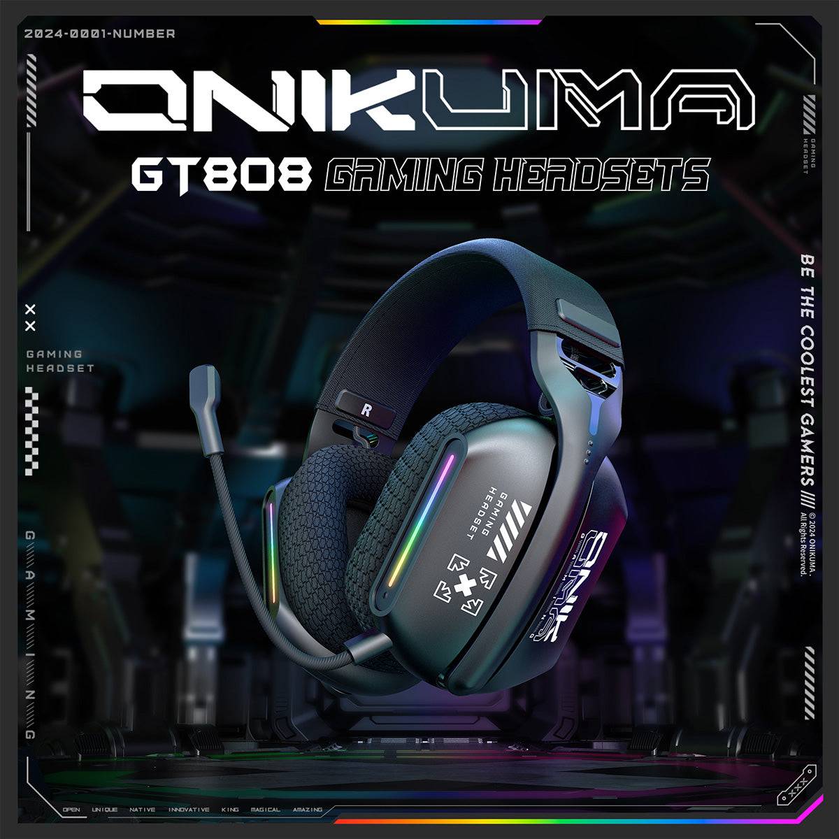 ONIKUMA GT808 Gaming Headset with RGB lights and tri-mode connectivity, designed for high-quality sound and low-latency gaming performance.