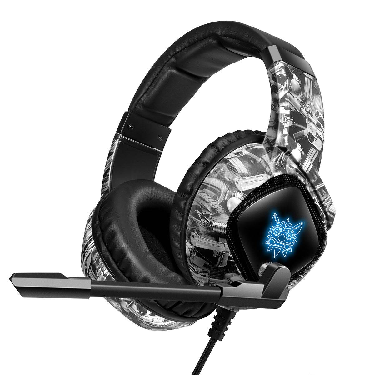 ONIKUMA K19 RGB Wired Gaming Headset with camouflage design, noise-canceling microphone, and LED lighting for immersive gaming. Compatible with multiple devices.