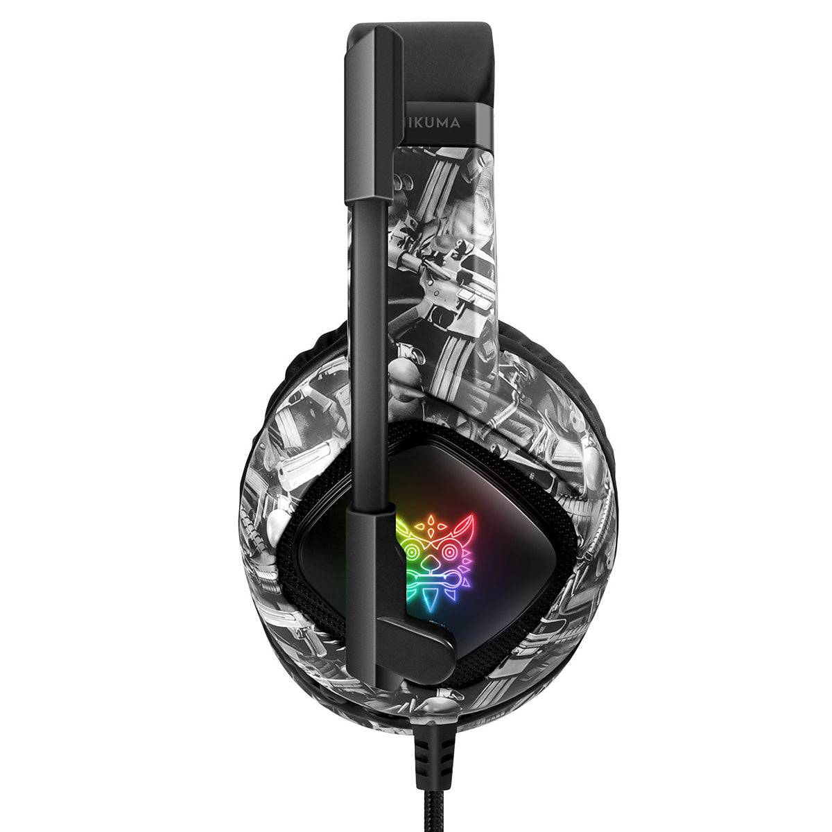 Side view of ONIKUMA K19 RGB Gaming Headset, showcasing its camouflage design, flexible microphone, and LED lighting for stylish gaming.