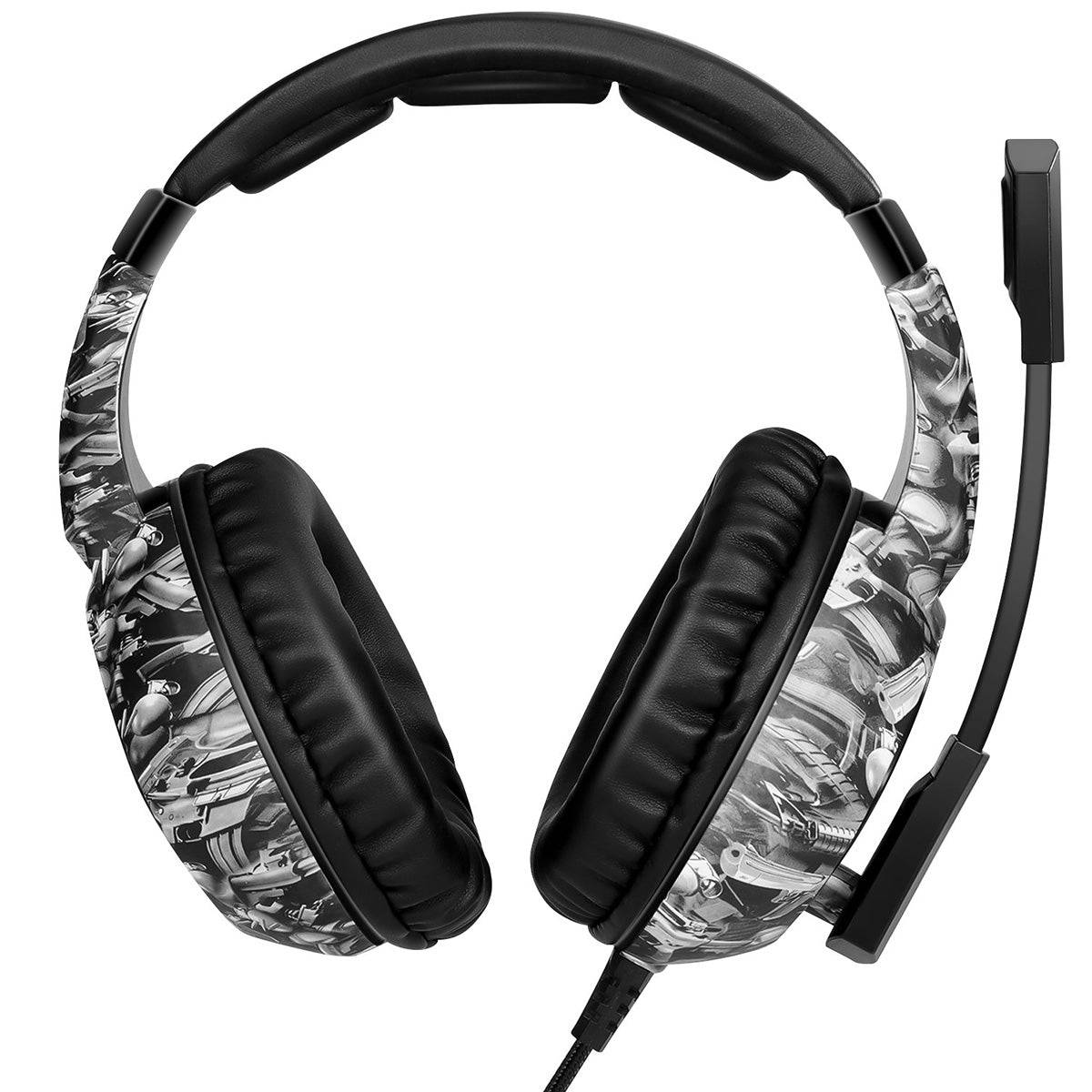 Front view of ONIKUMA K19 Gaming Headset with soft ear cushions, adjustable headband, and a noise-canceling microphone for comfort and performance.