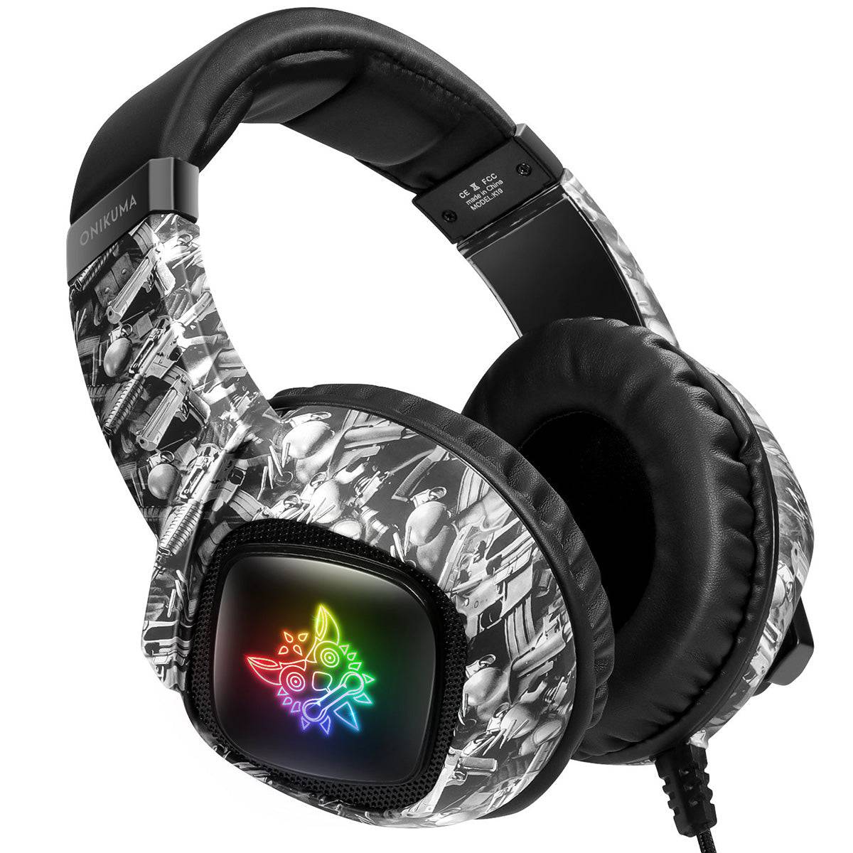 ONIKUMA K19 RGB Wired Gaming Headset with a stylish camouflage design, LED lighting, and a noise-canceling microphone for immersive gaming sessions.
