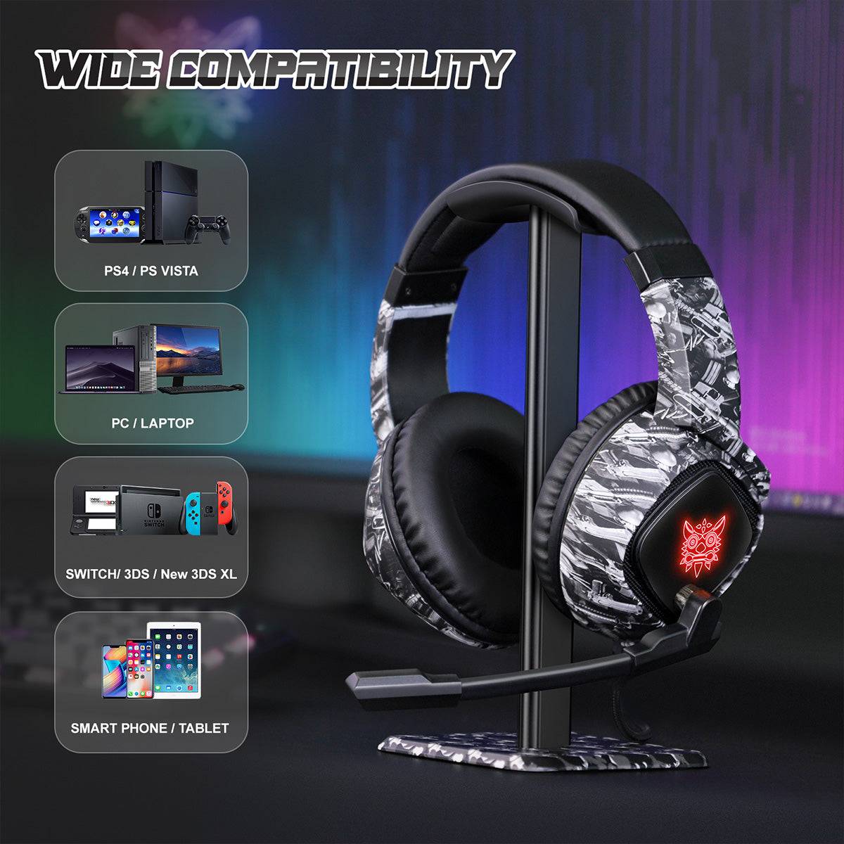 ONIKUMA K19 RGB Wired Gaming Headset displayed on a stand, showcasing wide compatibility with PS4, PC, Switch, and mobile devices for versatile gaming.